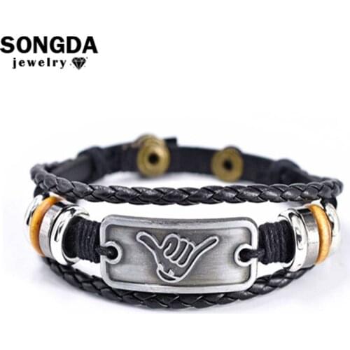 Rock Band Cool Gesture Multilayer Leather Bracelet Vintage Silver Nameplate Black Braided Multiple Bead Bracelet Men Women Gifts