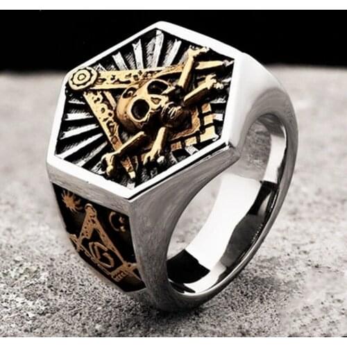 Masonic Ring For Men hexagon skull Stainless steel Freemason Totem Jewelry hippop street culture