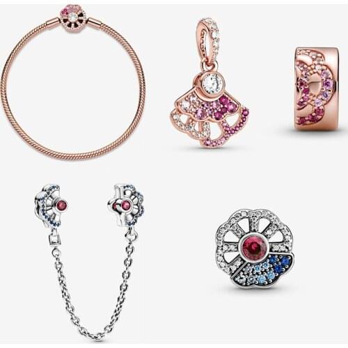 2020 New Silver Jewelry 925 Blue And Pink Fan Collection Rose Series, The Chic Pattern Is Best Holiday Gift For Girl