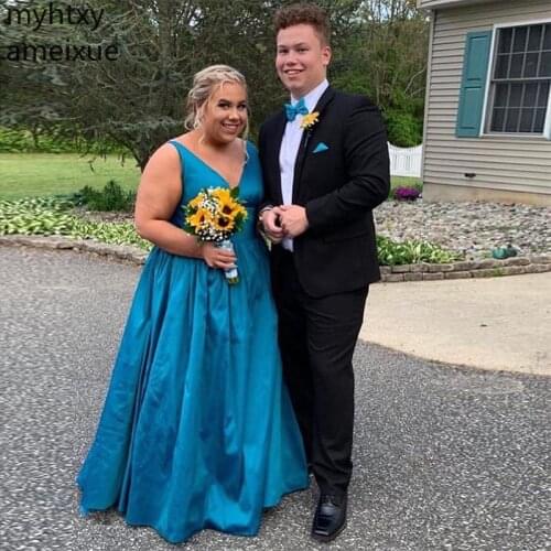 Plus Size Event A-line Prom Dresses Turquoise Color V-neck Sleeveless Simple Evening Party Gowns Full Length New Dress Elegant