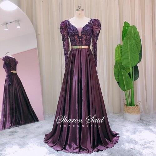 Saudi Arabia Plum Long Sleeve Muslim Evening Dresses for Women Wedding Party Gowns Gold Belt Dubai Abaya Blue Prom Formal Dress