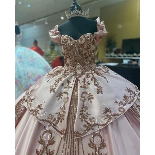 Rose Gold Sequins Mexican Quinceanera Prom Dresses 2021 Off Shoulder Sweet 15 Dress Princesa Misquinceanos Party Gowns