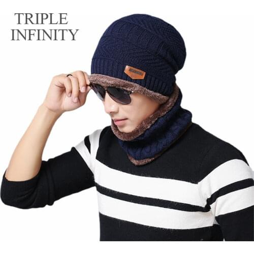 TRIPLE INFINITY New Winter Mens Hat Thick Velvet Knitted Hats Warm Suits Solid Color Windproof Ear Protection Male Cap Beanies