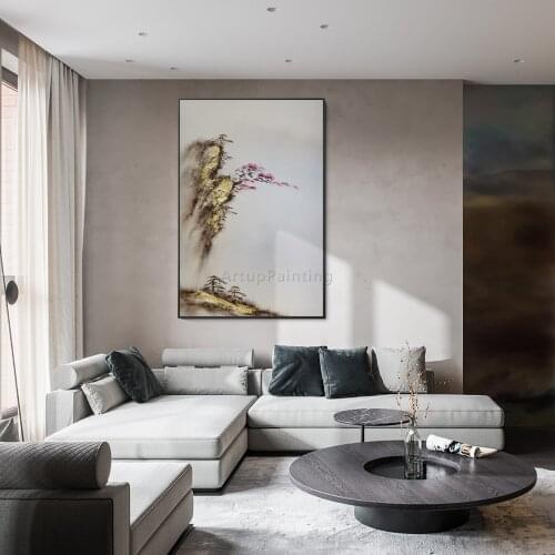 Modern Abstract Golden Mountain Pink Flower Hand Painting Canvas Texture oil painting acrylic large wall art picture home decor