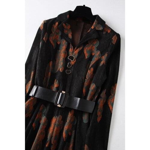 Dress Autumn Winter Vintage New Long Sleeve Belt Elegant Flower Print