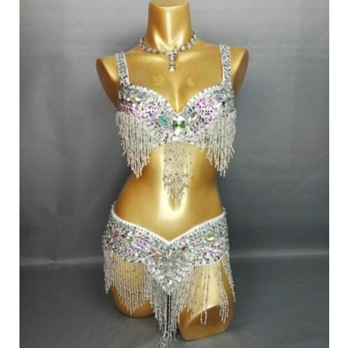 High quality Womens beaded Crystal belly dance costume wear Bar+Belt set sexy female bellydancing costumes 1618