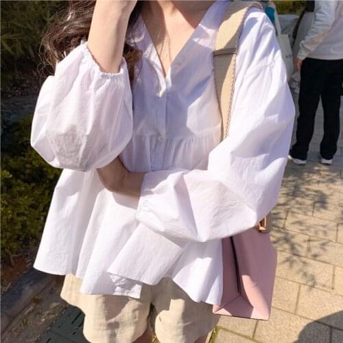 Womens Autumn Cotton White Blouses Lantern Sleeve Shirt V Neck Tops Blusas Camisas Mujer Haut Femme Casual Sweet Bluzki Damskie