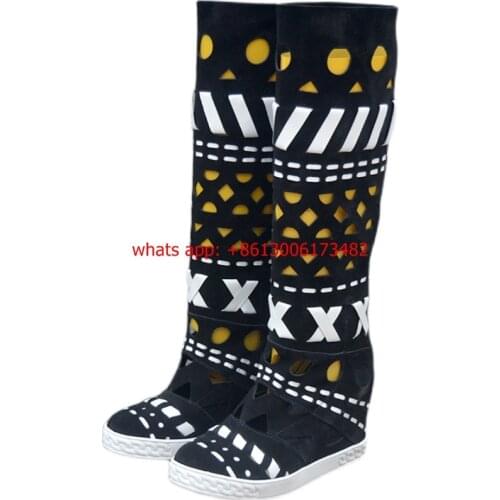Real photos 8CM inner heel hollow knee boot roman hollow woman Cut out Crossed white black Patchwork Knee High Boots