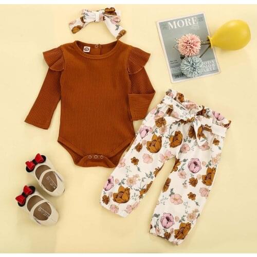 0-24 M)Baby Suit Autumn Simple Pure Cotton Pit Strip Flying Sleeve Long-Sleeved Romper + Printed Trousers + Headband Suit 50