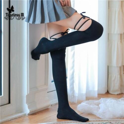 2020 New Sexy Fasion Over Knee Stocking With Tie Nightclubs Pantyhose Calcetines Black Lolita Stockings Lace Top Thigh High