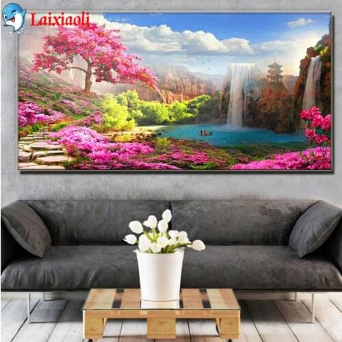 DIY Diamond Embroidery waterfall New Arrival Diamond Painting pink tree flower Cross Stitch Mosaic natural view new Home Decor