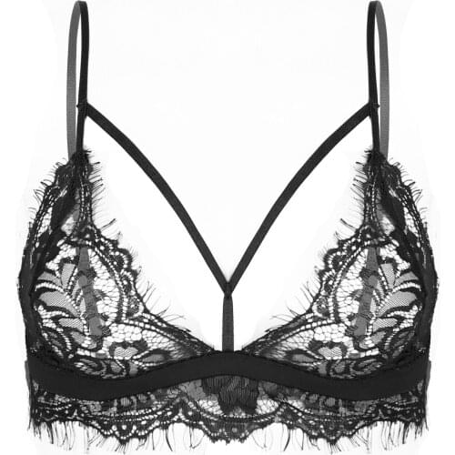 Women Floral Lace Hollow Out Sexy Lingerie Clubwear See-through Bra Tops Spaghetti Strap Sissy Bras Underwear Female Exotic Tank