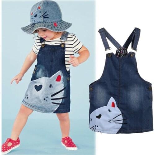Toddler Baby Girls Cute Cat Pattern Denim Jeans Overalls Dress Clothes