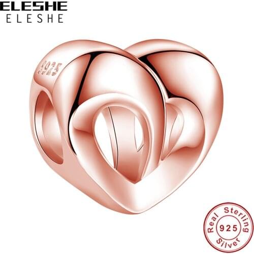 ELESHE New Arrival Simple Rose Gold Heart Bead 925 Sterling Silver Charm for Women fit Original Bracelets & Bangle DIY Jewelry