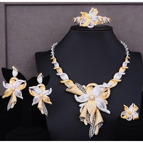Kellybola High Quality Fashion Luxury Golden Large Zircon Flower Earrings Necklace Bracelet Ring Set Womens Wedding Celebration