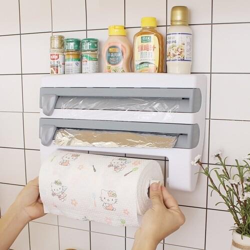 Kitchen Cling Film Storage Rack With Cutter Rack Paper Towel Rack Towel Storage Rack Wall-mounted Roll Holder Kitchen Gadget