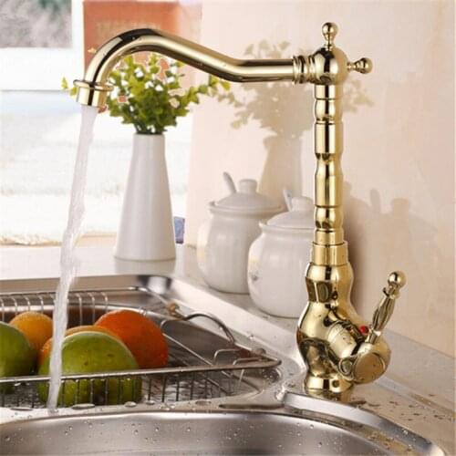 Kitchen Sink Faucets Brass Mixer Tap Hot & Cold Single Handle Deck Mounted Rotating Soupt Water Sink Crane Tap Gold Finished