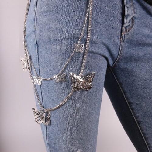 New Fashion Women Two Layer Butterfly Chains For Pant Rock Hiphop Punk Silver Gold Metal Chain Belts Trousers Keychain Jewelry