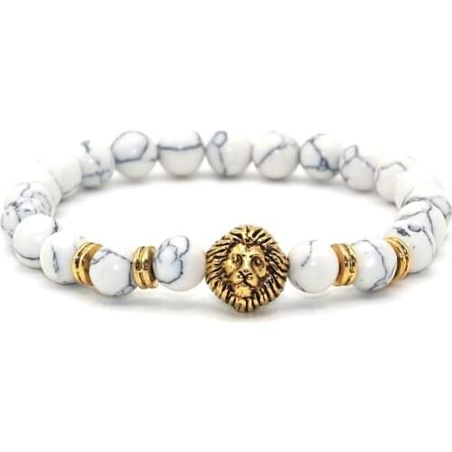 Wholesale Antique Plated Metal Leo Lion Head Charm with Lava Onyx Turquoises Natural Stone Beads Bracelet For Men Women