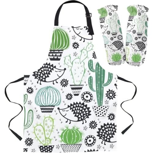 Hedgehog And Cactus Cartoon Apron Oversleeve Oven Gloves Pads Cooking Baking Kitchen Aprons for Women Kids