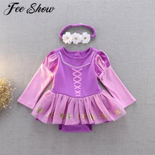 Lovely Infant Baby Girls Cartoon Princess Dresses Cotton Long Sleeves Romper with Headband Baby Clothes for Halloween Christmas