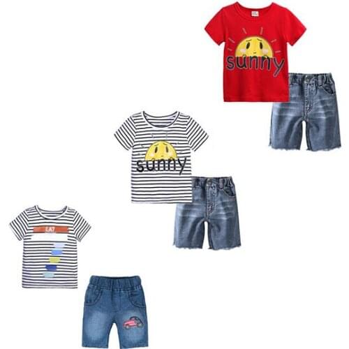 Pudcoco Little Baby Boy Clothes Cotton Short Sleeve Set Cute Cartoon Print Pattern Round Neck Top Elastic Denim Short Pants 1-7Y