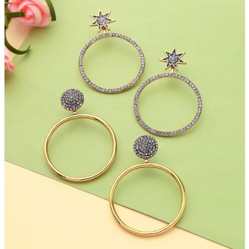 Kissme Exquisite Crystal Star Round Circle Drop Earrings For Women Gift Vintage Gold Color Fashion Jewelry Accessories Wholesale