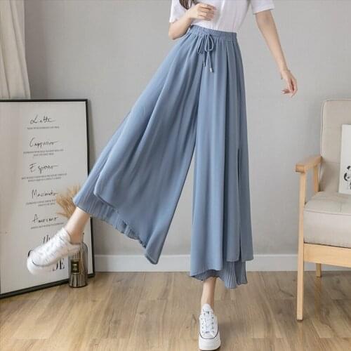 Chiffon Wide-Leg Pants Women Korean Style Pants Women Loose And Thin Loose High-Waist Wide-Leg Pants Nine-Point Pants