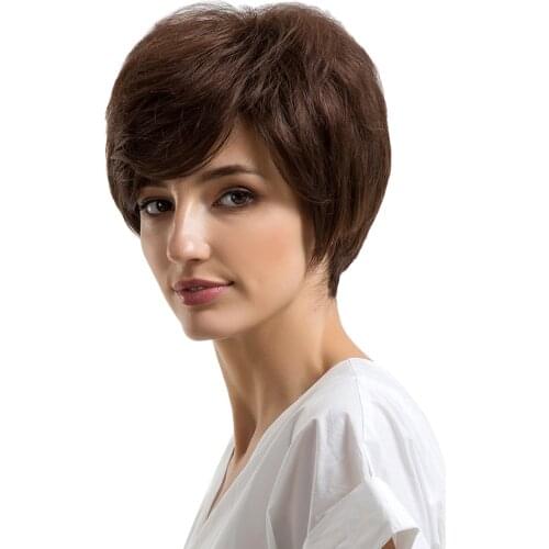 Chic Short Wigs for Women Human Hair w/ Bangs Pixie Cut Wig Brown