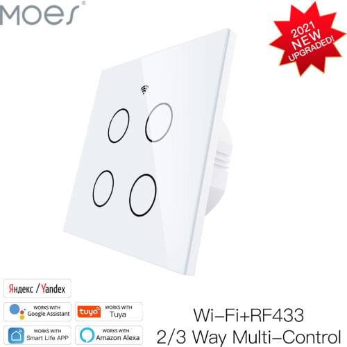 WiFi Smart 4 Gang Glass Panel Switch Smart Life/Tuya App Multi-Control Association Voice Control with Alexa Google 2/3 Way EU