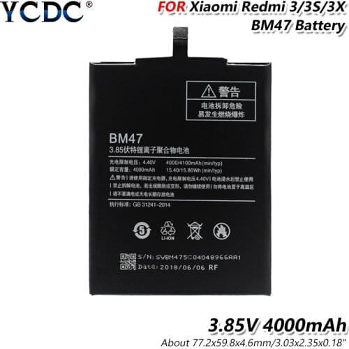 77.2x59.8x4.6mm Large Capacity 4000mAh Phone Battery Replacement For Xiaomi Redmi 3 3X 3S BM47 3.85V 4000mAh Lithium Battery