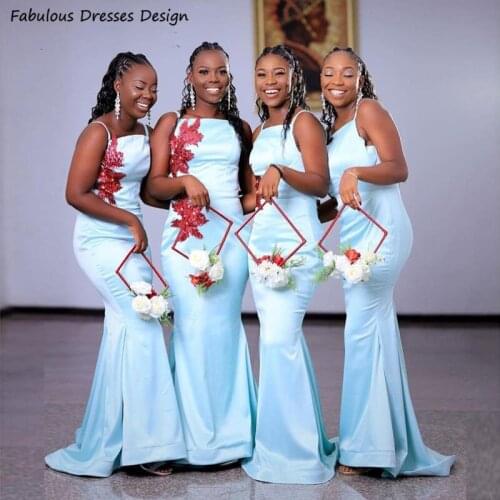 Light Blue Mermaid Bridesmaid Dresses For Black Girls Applique Lace Long Wedding Party Dress 2021 Square Neck Spaghetti Strap