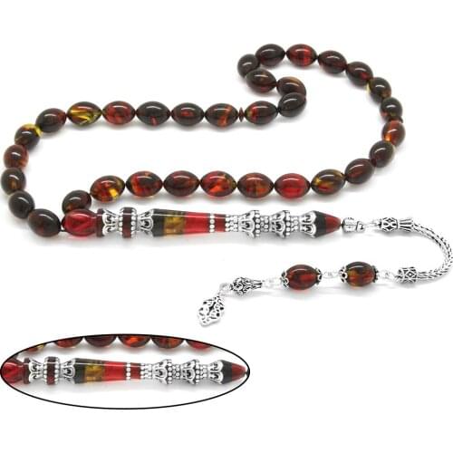 Tesbihane 925 Sterling Silver Tassels Silver Minaret Nakkaş İmameli Bal Shoot Color Amber Prayer Beads