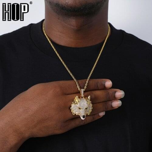 Hip Hop Iced Out Bling Cubic Zirconia Animal Wolf Head Necklaces & Pendants For Men Women Rapper Jewelry