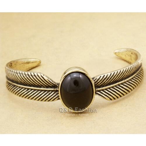 Vintage &Gold Wing Feather Obsidian Zuni Navajo Style Big Bracelet Bangle Open Cuff Jewelry Wholesale trendy Hiphop/Rock
