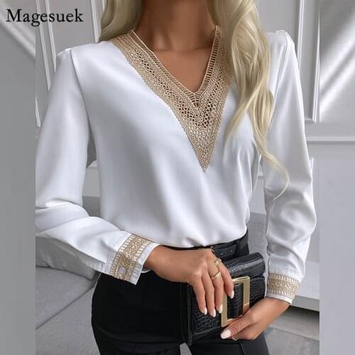 Autumn New Lace Long Sleeve Shirt Women Tops V Neck Embroidery Blosues Women Casual Solid Satin Silk Chiffon Shirts Blusas 15777