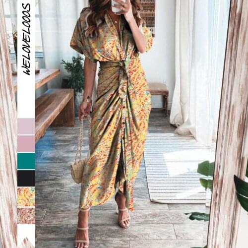 2021 Summer Elegant Satin Shirt Dress Women Button Short Sleeve Tunic Midi Dress Ladies Office V Neck Slit Draped Party Dresses