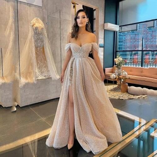 2021 Elegant Rose Pink Sweetheart Sequined Prom Dress Hot Sale Off The Shoulder A-Line Long Evening Dress Plus Size Party Dress