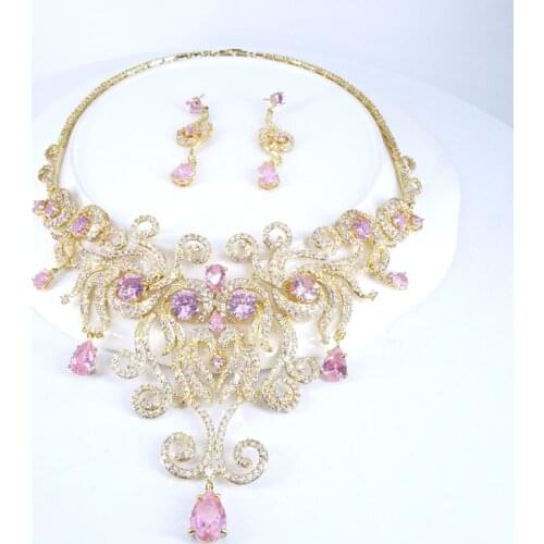 2021 new fashion vintage PINK CZ zircon necklace earring set,wedding bridel dinner party banquet dress jewelry free shipping