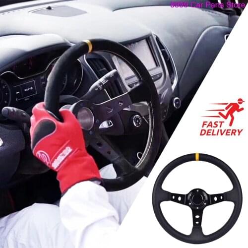 350mm Black Spoke Yellow Ring Style Black Deep Dish Suede Leather Steering Wheel