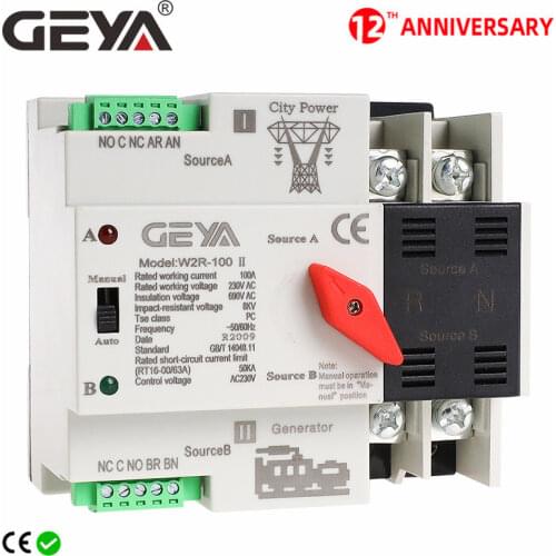 GEYA W2R Mini ATS 2P Automatic Transfer Switch Electrical Selector Switches Dual Power Switch ATS 63A 100A ATS DP