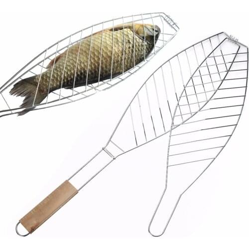 Barbecue Meshes Camping Grill Rack BBQ Clip Folder Grill Single Meat Fish Vegetable BBQ Tool Wooden Handle Hinged Basket