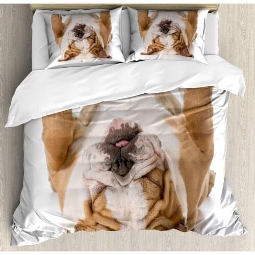 Bulldog Duvet Cover Set English Dog Laying on His Back Sleeping Real Life Animal Photography Decorative 3 Piece Bedding Set