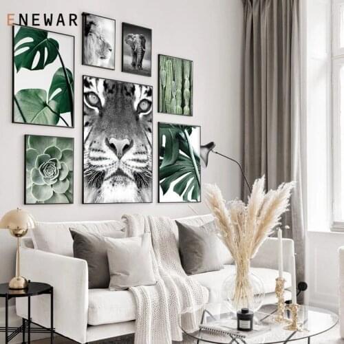Black White Lion Tiger Elephant Canvas Painting Nordic Vintage Poster Green Plants Cactus Wall Pictures for Living Room Decor