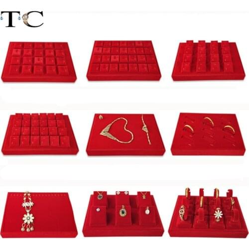 Red Velvet Jewelry Display Stand Tray Holder Stud Rings Earrings Pendant Necklace Jewelry Golden Accessories Storage Tray