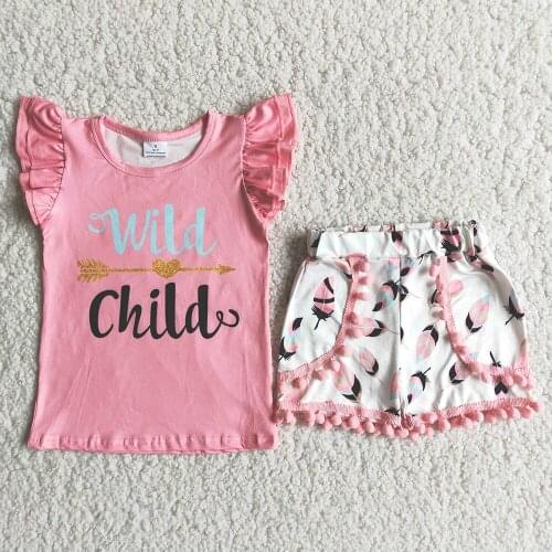 Hot Sale Kids Summer Pink Color Top And Shorts Clothing Set Baby Girl Fashion Design Outfit With Flying Sleeve
