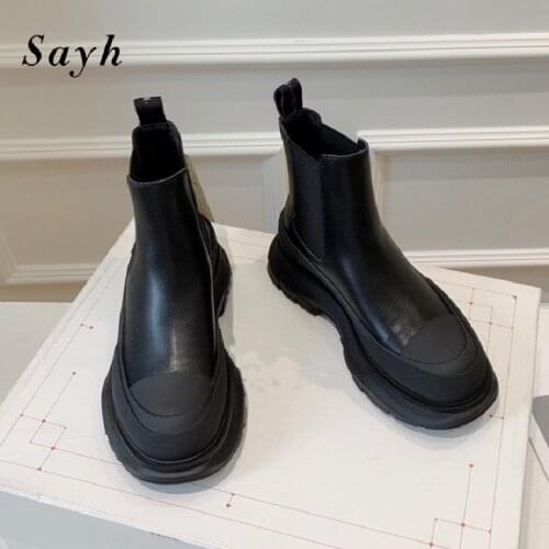 Fashion Brand Women Real Leather Round Toe Patchwork Ankle Boots Slip On Wedge Heels Platform Punk Casual Shoes