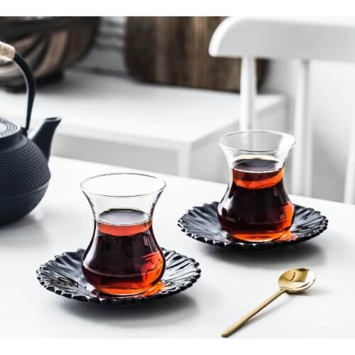 PASABAHCE Turkey Black Tea Cup & Saucer Sets Water Drop Cafe Bohea Teacup Espresso Coffee Tray Kit Heat-resistant Glass Tumbler