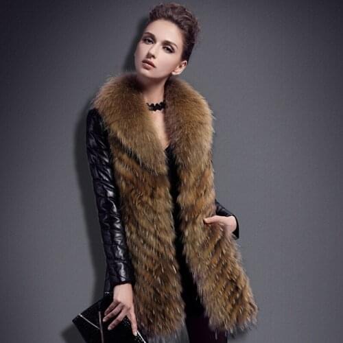 New Womens Leather Coat Big Hairy Hairy Collar Cuts the Long Leather Coat in the Feathersuit Fur coat women jacket