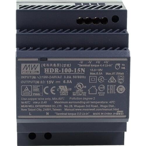 Original Mean Well HDR-100-15N meanwell 15V DC 6.5A 97.5W Ultra Slim Step Shape DIN Rail Power Supply